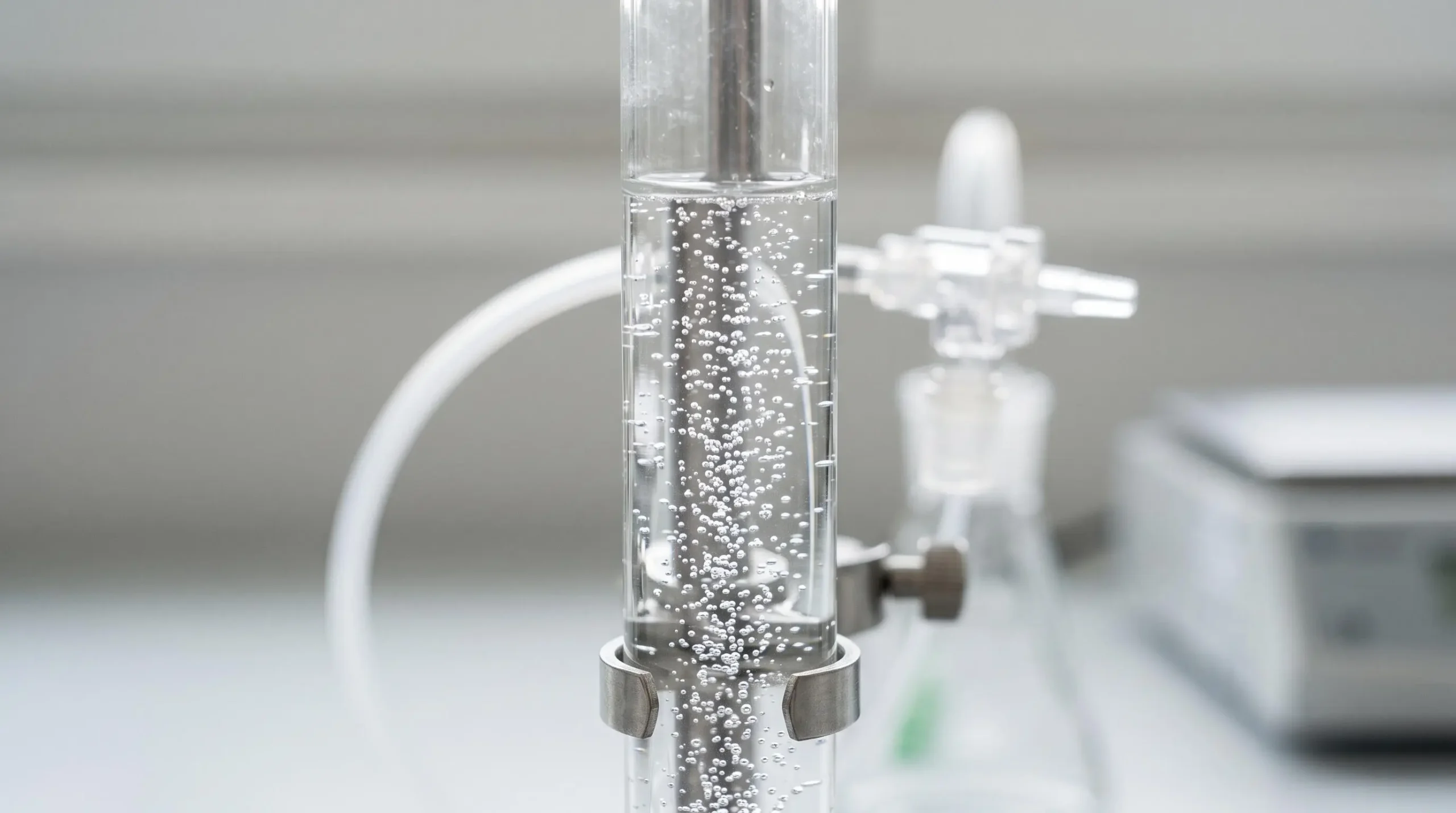 Bulles de CO2 alimentaire en cours d'injection dans eau circulant dans tube transparent de système anti-calcaire