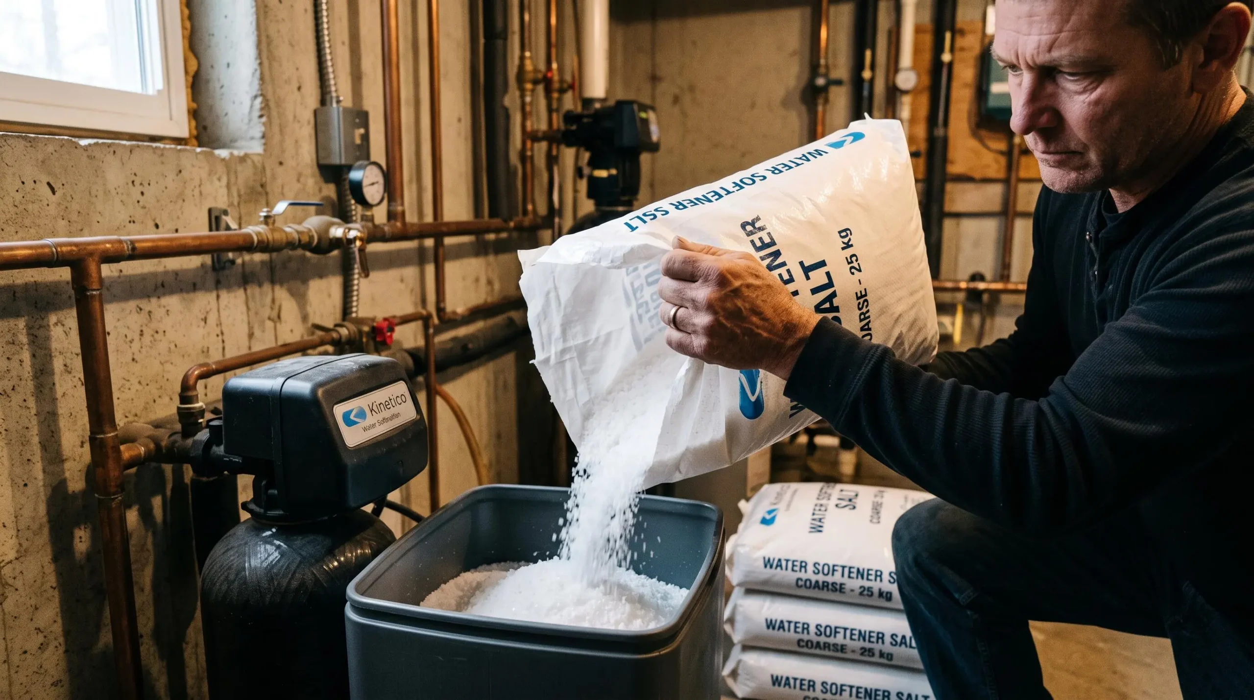 Main versant du sel régénérant dans le compartiment d'un adoucisseur d'eau à résine, illustrant la contrainte d'entretien récurrent