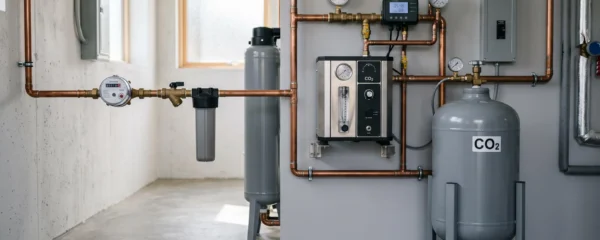 Système d'injection de CO2 alimentaire installé sur canalisations domestiques avec cuve de stockage dans local technique moderne