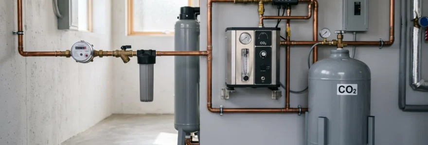 Système d'injection de CO2 alimentaire installé sur canalisations domestiques avec cuve de stockage dans local technique moderne